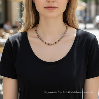 Halskette aus Rosenquarz, Labradorit und Granat mit Zwischenteilen und Schließe aus Silber, nachhaltiger second hand Schmuck perfekt aufgearbeitet
