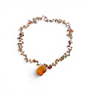 Halskette aus 925 Silber/Edelstahl mit Bernstein und Quarz, nachhaltiger second-hand Schmuck perfekt aufgearbeitet