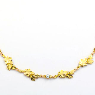 Halskette Weinblätter aus 585 Gelbgold mit Perle, nachhaltiger second hand Schmuck perfekt aufgearbeitet