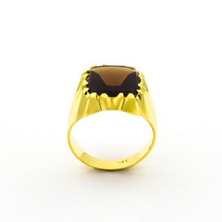 Herrenring aus 585 Gelbgold mit Rauchquarz, nachhaltiger second hand Schmuck perfekt aufgearbeitet