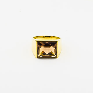 Herrenring aus 585 Gelbgold mit Rauchquarz, nachhaltiger second hand Schmuck perfekt aufgearbeitet