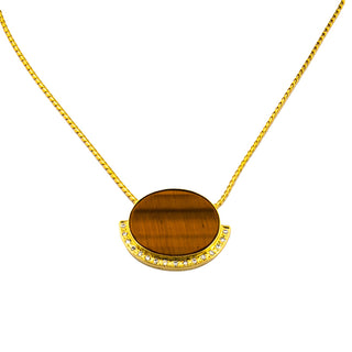 Kette mit Anhänger aus 750 Gelbgold mit Tigerauge und Diamant, nachhaltiger second hand Schmuck perfekt aufgearbeitet