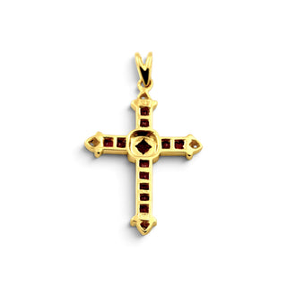 Kreuzanhänger aus 585 Gelb- und Weißgold mit Rubin und Brillant, nachhaltiger second-hand Schmuck perfekt aufgearbeitet