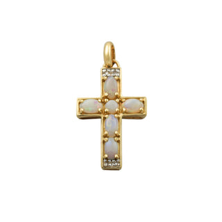 Kreuzanhänger aus 585 Gelbgold mit Opal und Diamant, nachhaltiger second hand Schmuck perfekt aufgearbeitet