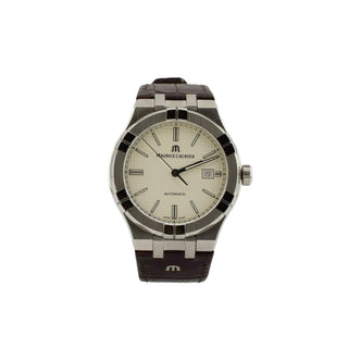 Maurice Lacroix Herrenarmbanduhr AIKON Automatik mit Datumsanzeige und verschraubte Krone und Sichtboden zeitgenössisch, gebrauchte Luxusuhr im Top-Zustand