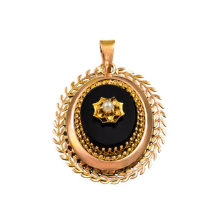 Anhänger/Medaillon aus 750 Gelbgold mit Onyx und Perle, nachhaltiger second hand Schmuck perfekt aufgearbeitet