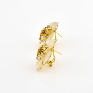 Ohrclips aus 750 Gelb- und Weißgold mit Perlmutt, Citrin und Brillant, nachhaltiger second hand Schmuck perfekt aufgearbeitet