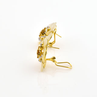 Ohrclips aus 750 Gelb- und Weißgold mit Perlmutt, Citrin und Brillant, nachhaltiger second hand Schmuck perfekt aufgearbeitet