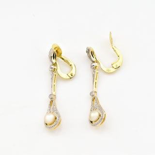 Diamantohrclips aus 585 Gelbgold/Platin mit Perle, nachhaltiger second hand Schmuck perfekt aufgearbeitet