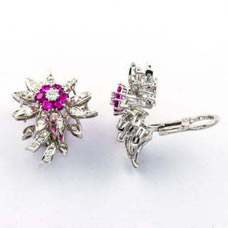 Rubinohrclips aus 750 Weißgold mit Brillant und Diamant, nachhaltiger second hand Schmuck perfekt aufgearbeitet