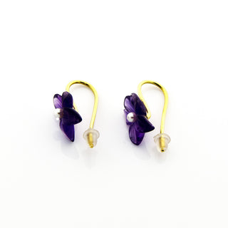Ohrhänger Blüten aus 750 Gelbgold mit Amethyst und Bergkristall, nachhaltiger second hand Schmuck perfekt aufgearbeitet