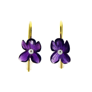 Ohrhänger Blüten aus 750 Gelbgold mit Amethyst und Bergkristall, nachhaltiger second hand Schmuck perfekt aufgearbeitet