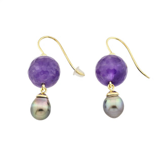 Ohrhänger aus 585 Gelbgold mit Amethyst und Perle, nachhaltiger second hand Schmuck perfekt aufgearbeitet