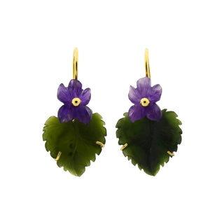 Ohrhänger aus 750 Gelbgold mit Jade und Amethyst, nachhaltiger second hand Schmuck perfekt aufgearbeitet