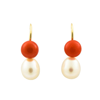 Ohrhänger aus 585 Gelbgold mit Koralle und Perle, nachhaltiger second hand Schmuck perfekt aufgearbeitet