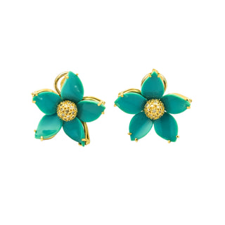 Ohrstecker Blumen aus 750 Gelbgold mit Türkis und Diamant, nachhaltiger second hand Schmuck perfekt aufgearbeitet