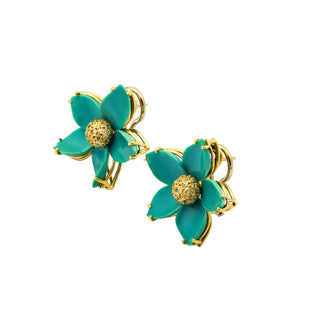 Ohrstecker Blumen aus 750 Gelbgold mit Türkis und Diamant, nachhaltiger second hand Schmuck perfekt aufgearbeitet