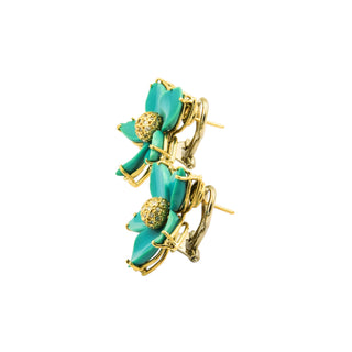 Ohrstecker Blumen aus 750 Gelbgold mit Türkis und Diamant, nachhaltiger second hand Schmuck perfekt aufgearbeitet