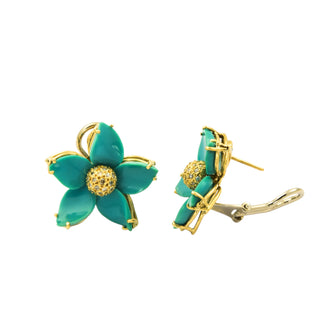 Ohrstecker Blumen aus 750 Gelbgold mit Türkis und Diamant, nachhaltiger second hand Schmuck perfekt aufgearbeitet