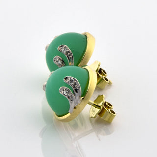 Ohrstecker aus 585 Gelb- und Weißgold mit Chrysopras und Brillant, nachhaltiger second hand Schmuck perfekt aufgearbeitet