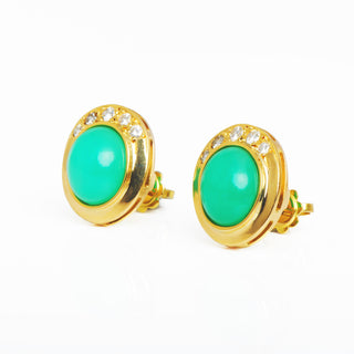Ohrstecker aus 750 Gelbgold mit Chrysopras und Brillant, nachhaltiger second hand Schmuck perfekt aufgearbeitet