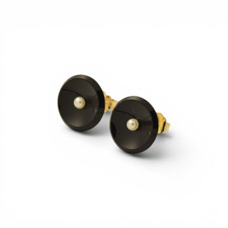 Perlenohrstecker aus 585 Gelbgold mit Onyx, nachhaltiger second-hand Schmuck perfekt aufgearbeitet
