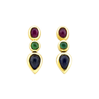Ohrstecker aus 585 Gelbgold mit Saphir, Smaragd und Rubin, nachhaltiger second hand Schmuck perfekt aufgearbeitet