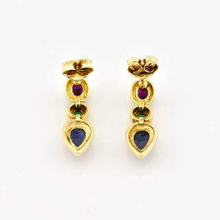 Ohrstecker aus 585 Gelbgold mit Saphir, Smaragd und Rubin, nachhaltiger second hand Schmuck perfekt aufgearbeitet