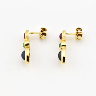 Ohrstecker aus 585 Gelbgold mit Saphir, Smaragd und Rubin, nachhaltiger second hand Schmuck perfekt aufgearbeitet