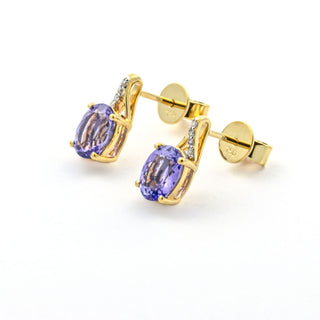 Ohrstecker aus 750 Gelbgold mit Tansanit und Brillant, nachhaltiger second hand Schmuck perfekt aufgearbeitet