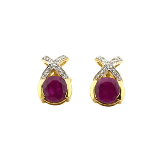 Rubinohrstecker aus 585 Gelb- und Weißgold mit Brillant, nachhaltiger second-hand Schmuck perfekt aufgearbeitet