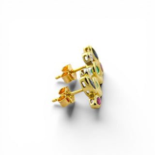 Saphirohrstecker aus 585 Gelb- und Weißgold mit Rubin und Smaragd, nachhaltiger second hand Schmuck perfekt aufgearbeitet