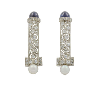 Saphirohrstecker aus 950 Platin/Gold mit Perle und Brillant, nachhaltiger second hand Schmuck perfekt aufgearbeitet