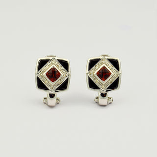 Ohrstecker aus 585 Weißgold mit Granat, Onyx und Diamant, nachhaltiger second hand Schmuck perfekt aufgearbeitet