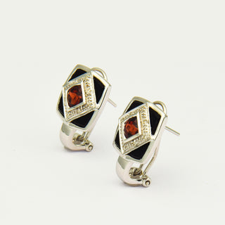 Ohrstecker aus 585 Weißgold mit Granat, Onyx und Diamant, nachhaltiger second hand Schmuck perfekt aufgearbeitet