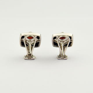 Ohrstecker aus 585 Weißgold mit Granat, Onyx und Diamant, nachhaltiger second hand Schmuck perfekt aufgearbeitet