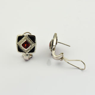 Ohrstecker aus 585 Weißgold mit Granat, Onyx und Diamant, nachhaltiger second hand Schmuck perfekt aufgearbeitet