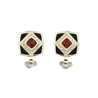 Ohrstecker aus 585 Weißgold mit Granat, Onyx und Diamant, nachhaltiger second hand Schmuck perfekt aufgearbeitet