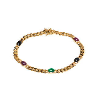 Panzerarmband aus 585 Gelbgold mit Rubin, Saphir und Smaragd, nachhaltiger second hand Schmuck perfekt aufgearbeitet
