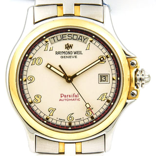 Raymond Weil Herrenarmbanduhr Parsifal Automatik mit Datumsanzeige und Wochentagsanzeige und Leuchtindizes, Leuchtzeiger und Leuchtziffern, gebrauchte Luxusuhr im Top-Zustand