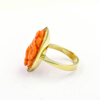Korallenring Blumen aus 585 Gelbgold, nachhaltiger second hand Schmuck perfekt aufgearbeitet