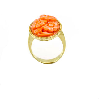 Korallenring Blumen aus 585 Gelbgold, nachhaltiger second hand Schmuck perfekt aufgearbeitet