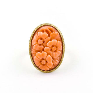 Korallenring Blumen aus 585 Gelbgold, nachhaltiger second hand Schmuck perfekt aufgearbeitet