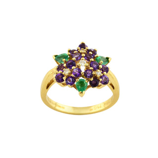 Ring Blumenstrauß aus 750 Gelbgold mit Amethyst, Smaragd und Brillant, nachhaltiger second-hand Schmuck perfekt aufgearbeitet
