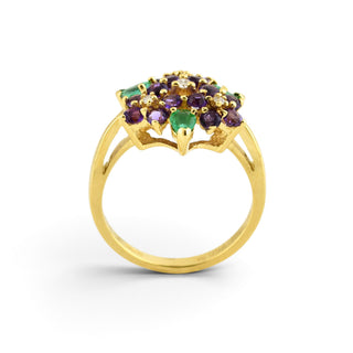 Ring Blumenstrauß aus 750 Gelbgold mit Amethyst, Smaragd und Brillant, nachhaltiger second-hand Schmuck perfekt aufgearbeitet