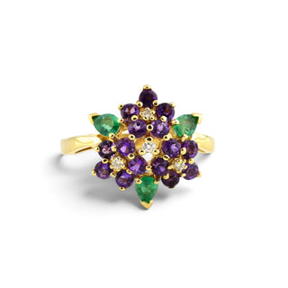 Ring Blumenstrauß aus 750 Gelbgold mit Amethyst, Smaragd und Brillant, nachhaltiger second-hand Schmuck perfekt aufgearbeitet
