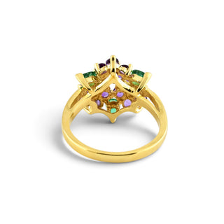 Ring Blumenstrauß aus 750 Gelbgold mit Amethyst, Smaragd und Brillant, nachhaltiger second-hand Schmuck perfekt aufgearbeitet