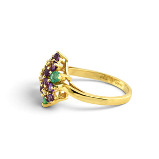 Ring Blumenstrauß aus 750 Gelbgold mit Amethyst, Smaragd und Brillant, nachhaltiger second-hand Schmuck perfekt aufgearbeitet