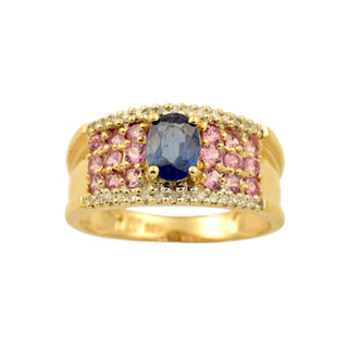 Saphirring aus 585 Gelb- und Weißgold mit Diamant, nachhaltiger second-hand Schmuck perfekt aufgearbeitet