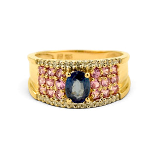 Saphirring aus 585 Gelb- und Weißgold mit Diamant, nachhaltiger second-hand Schmuck perfekt aufgearbeitet